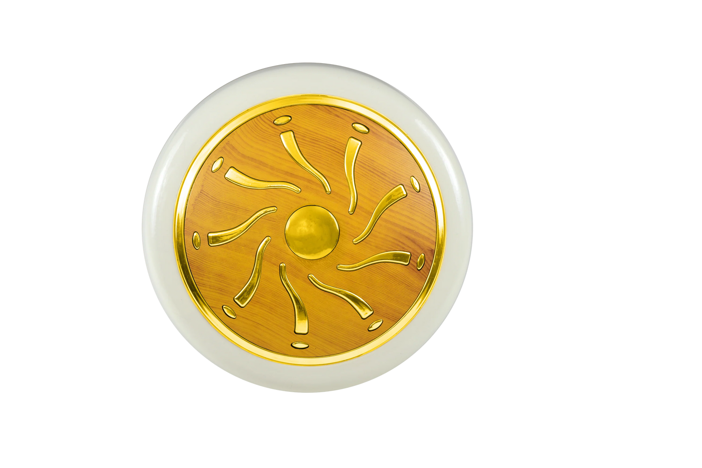 Decorative object with gold and white design on a white background