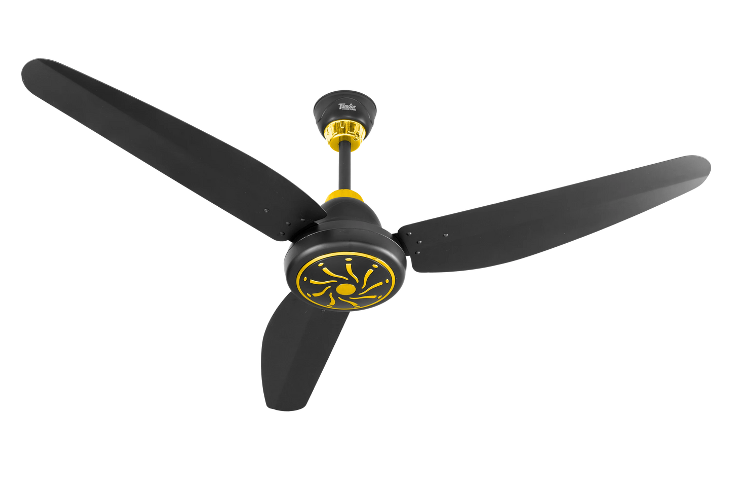 Ceiling fan with black blades and yellow accents on a white background