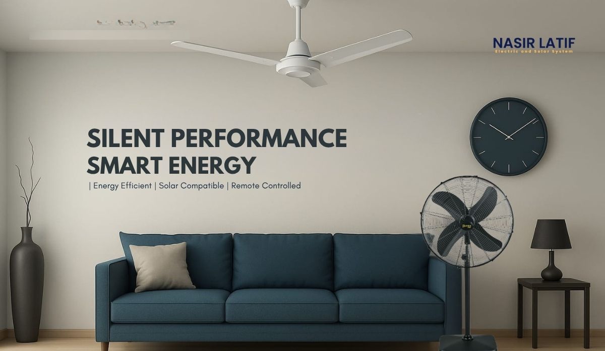 Living room with a blue sofa, ceiling fan, and floor fan, featuring text about product features.