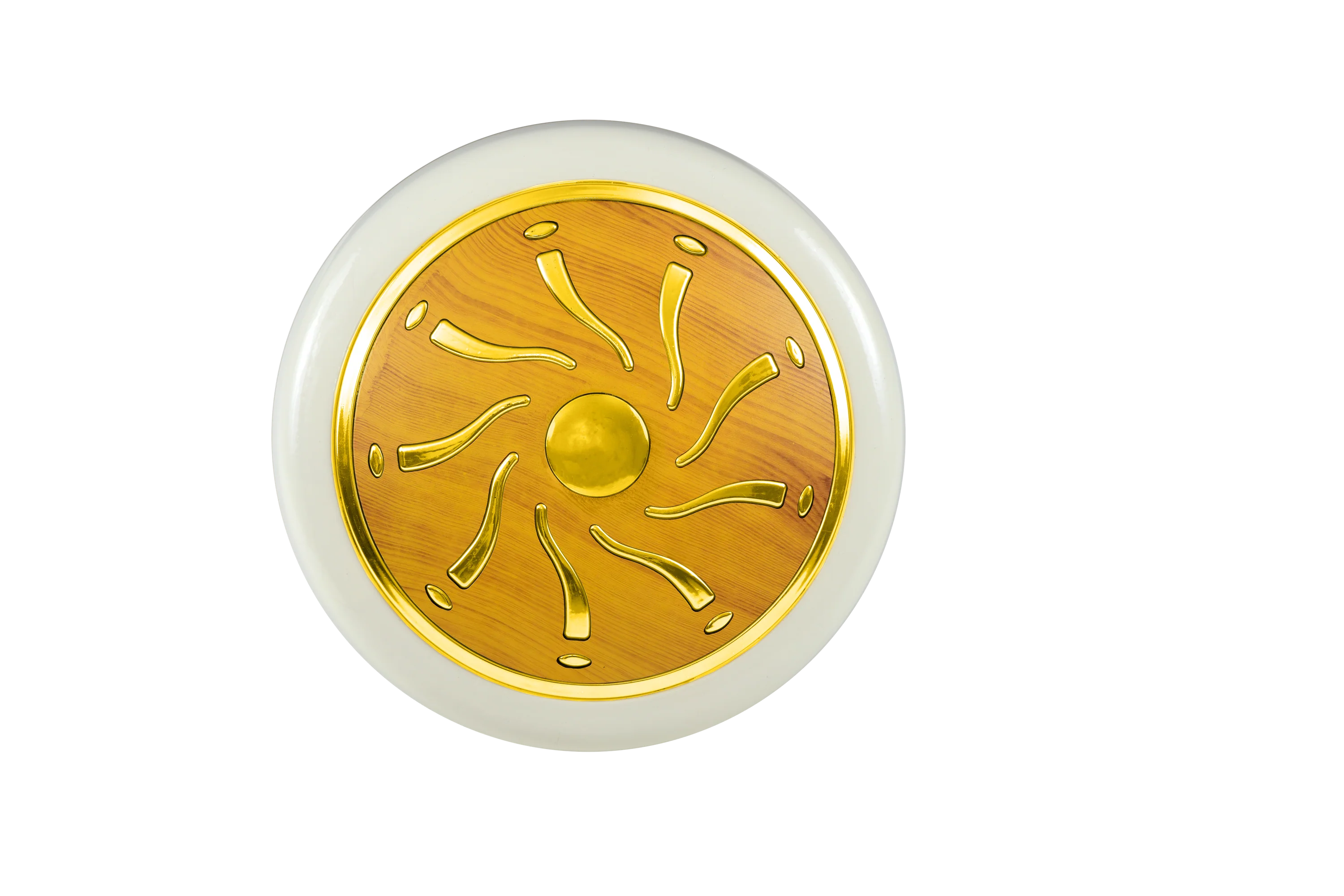 Decorative object with gold and white design on a white background