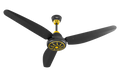 Ceiling fan with black blades and yellow accents on a white background