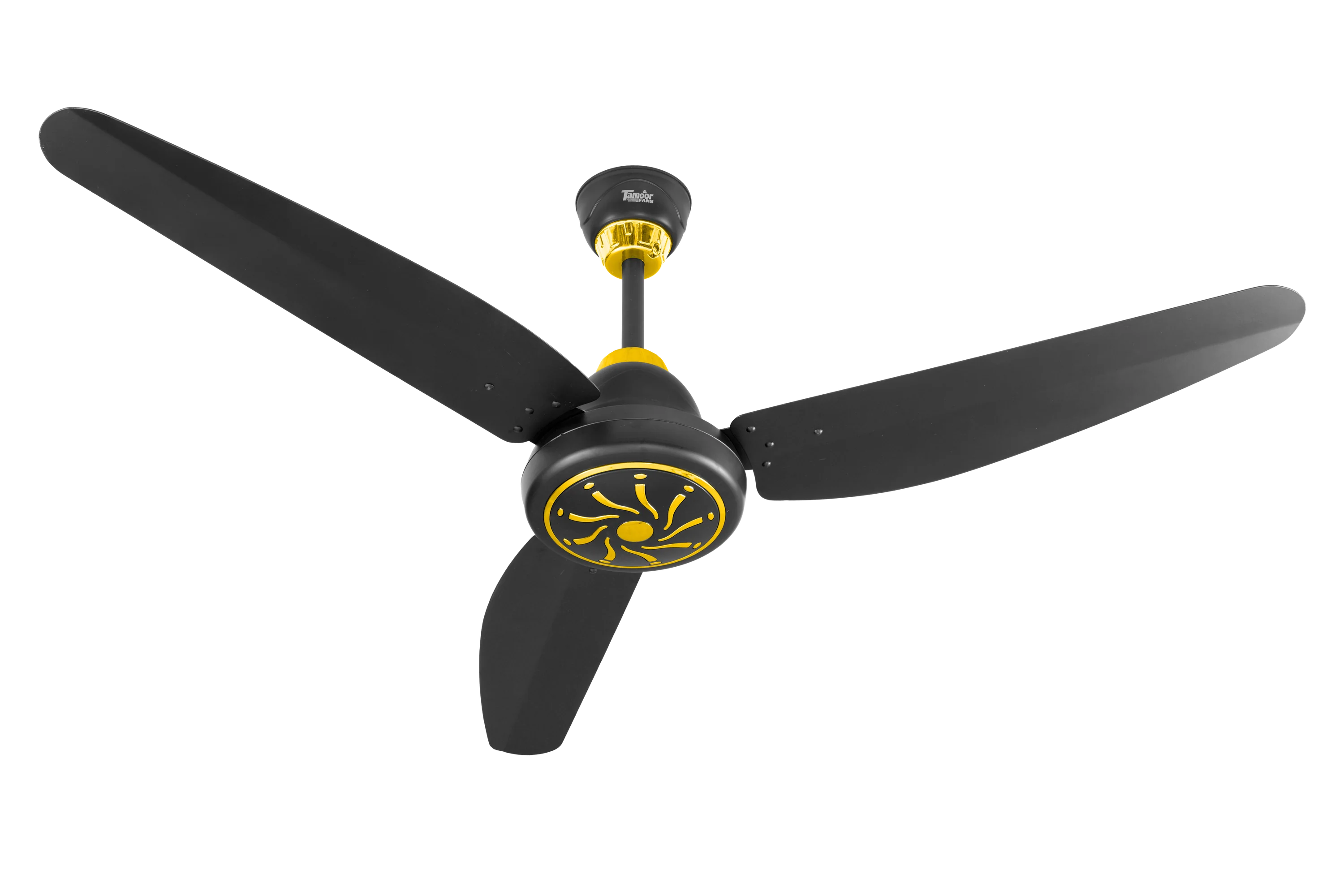 Ceiling fan with black blades and yellow accents on a white background