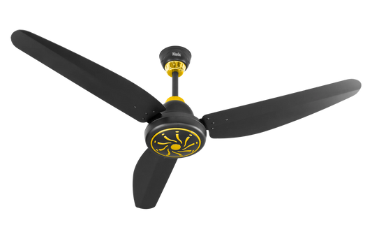 Ceiling fan with black blades and yellow accents on a white background