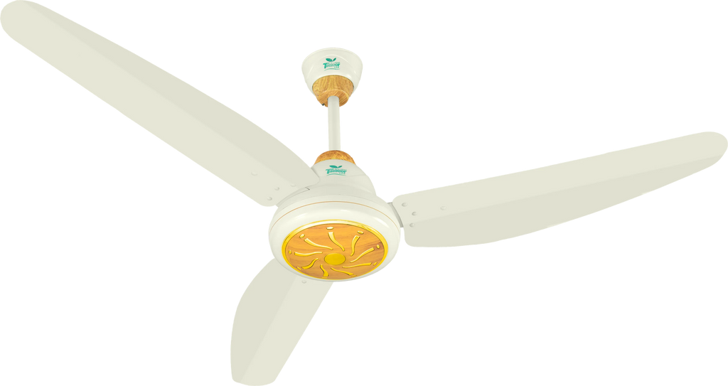 Ceiling fan with three white blades on a white background