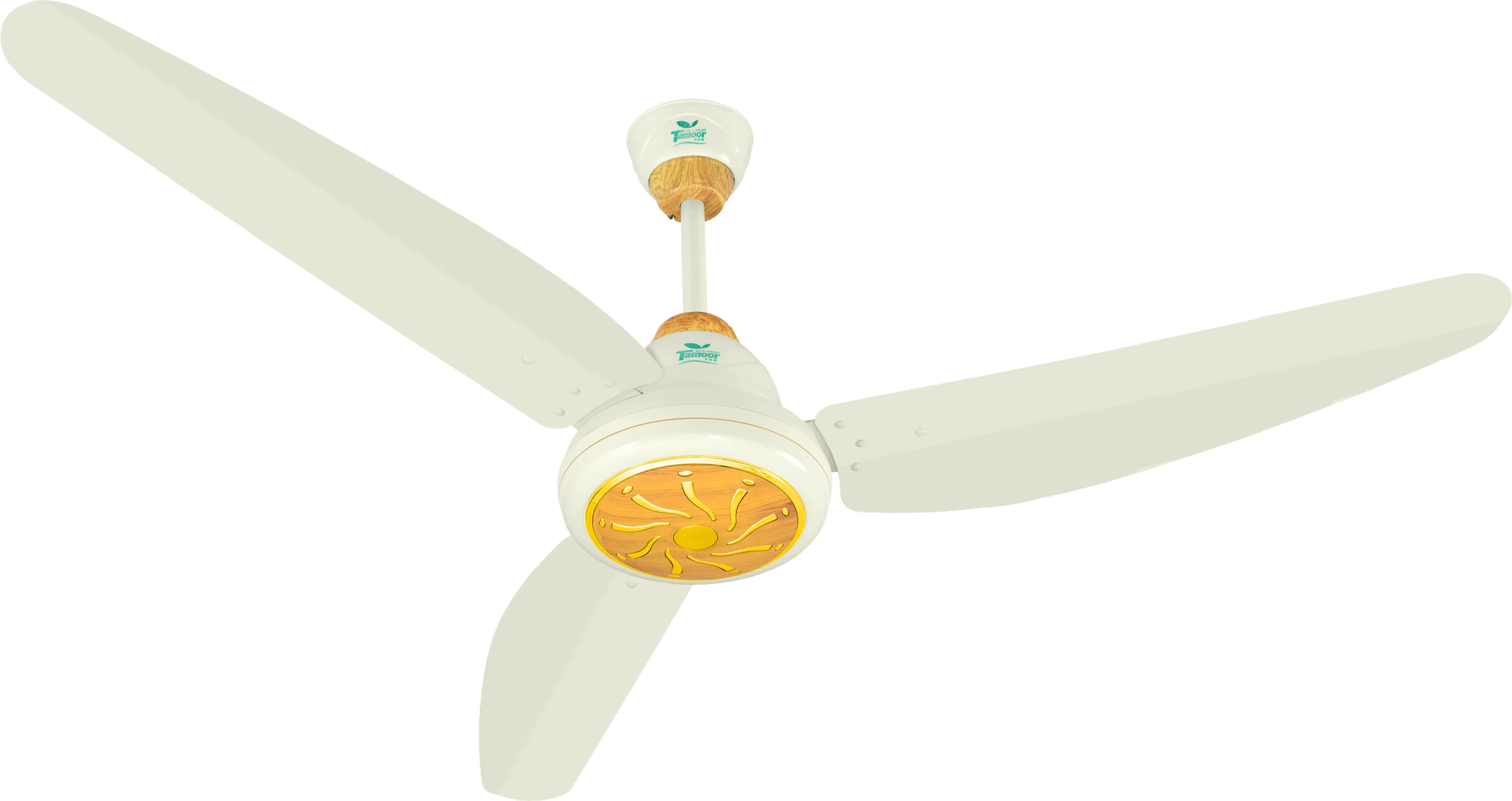 Ceiling fan with three white blades on a white background